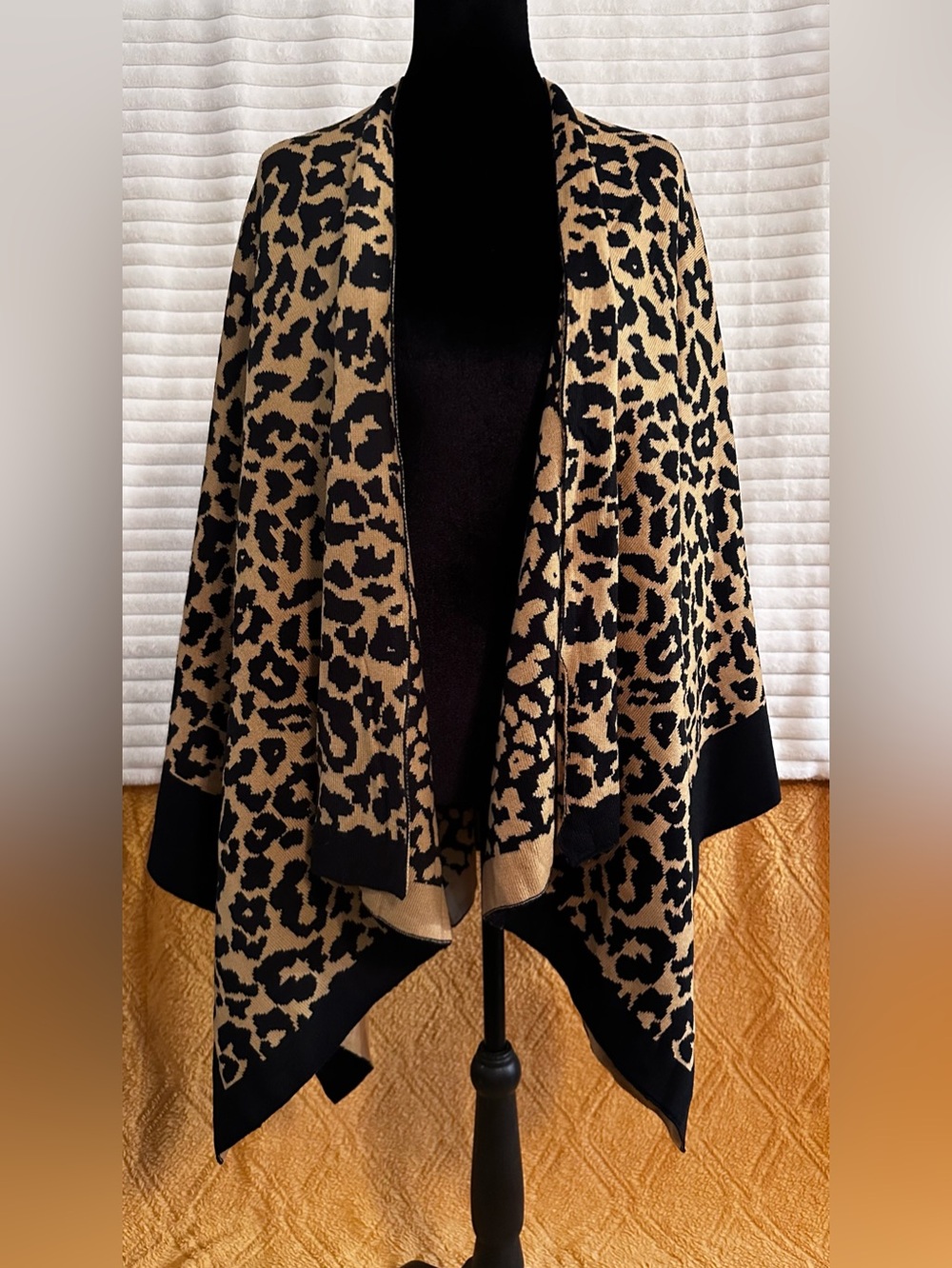 Leopard Print Open-Front Poncho - Black and Tan